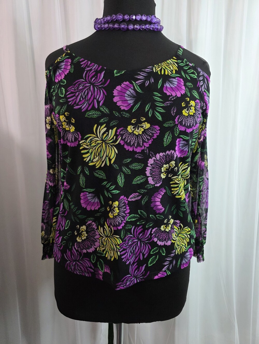 I.N.C. Cold -Shoulder Long Sleeves Women Top, Size:PL, Black, Purple Multi Color